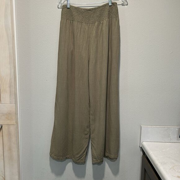 Womens Pants Large Pockets Stretch Boho Wide Leg Linen Blend Lagenlook Neutral - Picture 2 of 12
